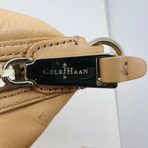 Cole Haan Smooth Leather Basket Weave Shoulder Bag Satchel Tan Gold - Picture 5 of 9